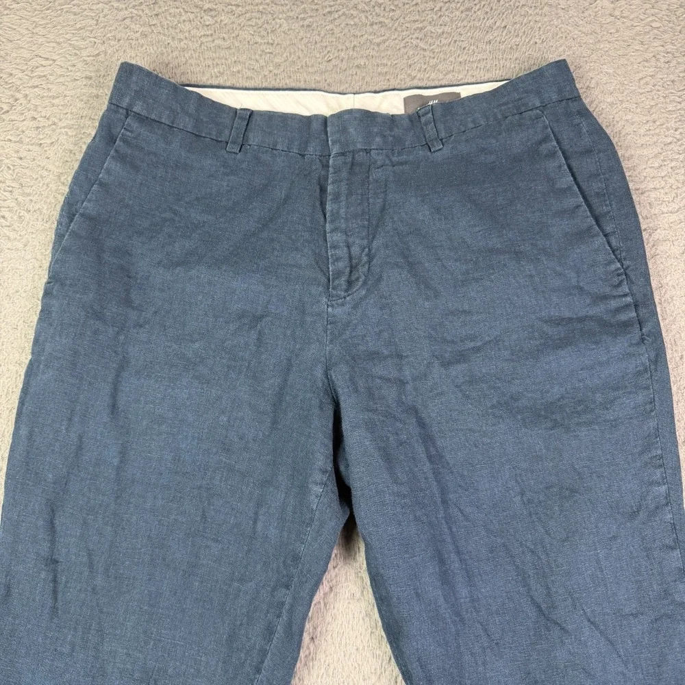 H&M Linen Pants Mens 33x30 Blue Casual Cotton Blend Flat Front Straight Leg